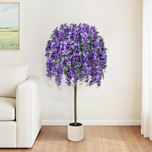 4FT Artificial Wisteria Tree in Pot, Faux Potted Floor Plant with Cascading Flowers, Realistic Fake Tree in Cream White Planter for Home Indoor Living Room Corner, Bedroom & Wedding Decor, Purple in Saudi Arabia