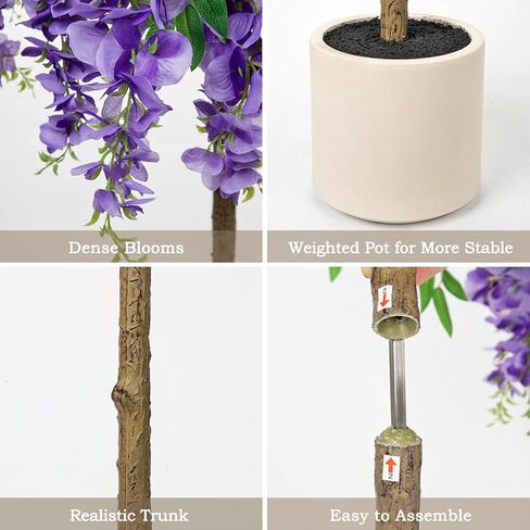 4FT Artificial Wisteria Tree in Pot, Faux Potted Floor Plant with Cascading Flowers, Realistic Fake Tree in Cream White Planter for Home Indoor Living Room Corner, Bedroom & Wedding Decor, Purple in Saudi Arabia