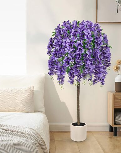 4FT Artificial Wisteria Tree in Pot, Faux Potted Floor Plant with Cascading Flowers, Realistic Fake Tree in Cream White Planter for Home Indoor Living Room Corner, Bedroom & Wedding Decor, Purple in Saudi Arabia