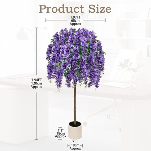 4FT Artificial Wisteria Tree in Pot, Faux Potted Floor Plant with Cascading Flowers, Realistic Fake Tree in Cream White Planter for Home Indoor Living Room Corner, Bedroom & Wedding Decor, Purple in Saudi Arabia