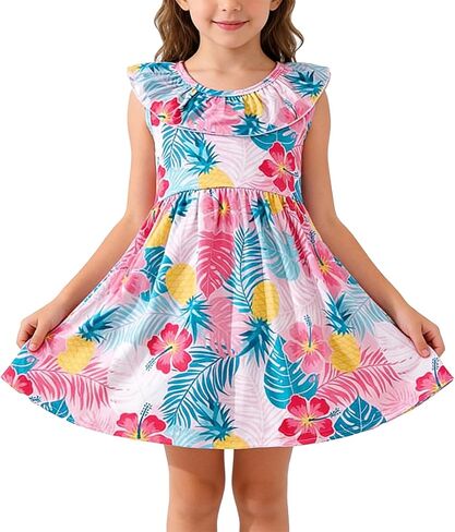 Toddler Girl Tropica Dress Hawaii Pineapple Palm Leaves Print Ruffle Outfits Summer Clothes 2-8Y in Saudi Arabia