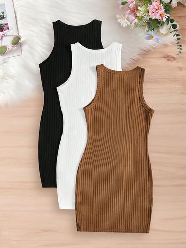 مجموعة من 3 فساتين صيفية بقصة ضيقة للفتيات، فستان كاجوال بدون أكمام منسوج مضلع، فساتين ضيقة لعمر 7-14 سنة in Kuwait