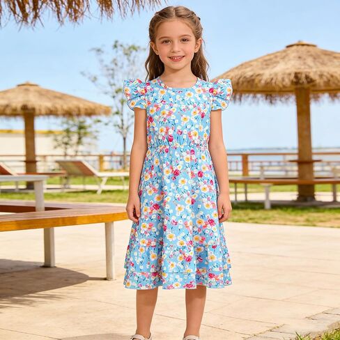 Floral Print Dress for Girls Spring and Summer Kids Mid-Length Flutter Sleeves Dress Girls Birthday Party Holiday Cloths in Saudi Arabia