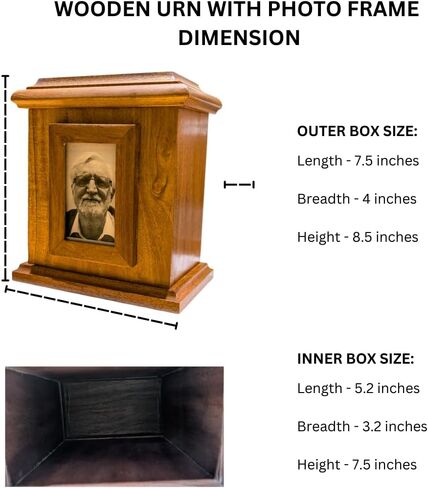Handcrafted Wooden Urn with Photo Frame for Ashes – Indian Rosewood Memorial Box for Human or Pet Ashes, Hinged Lid, 100 cu in Capacity, Keepsake Funeral Cremation Urn in Saudi Arabia