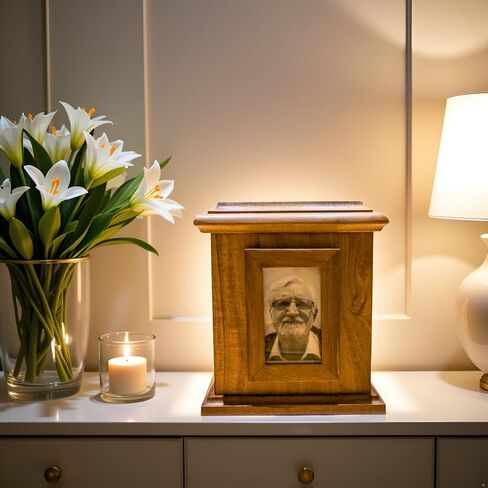 Handcrafted Wooden Urn with Photo Frame for Ashes – Indian Rosewood Memorial Box for Human or Pet Ashes, Hinged Lid, 100 cu in Capacity, Keepsake Funeral Cremation Urn in Saudi Arabia