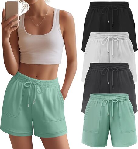Neer 4 Pack Womens Sweat Shorts Cotton Cutton Lounge Dringring High Weist Summer Summer Sould Sould Sould Sould مع جيب in Saudi Arabia