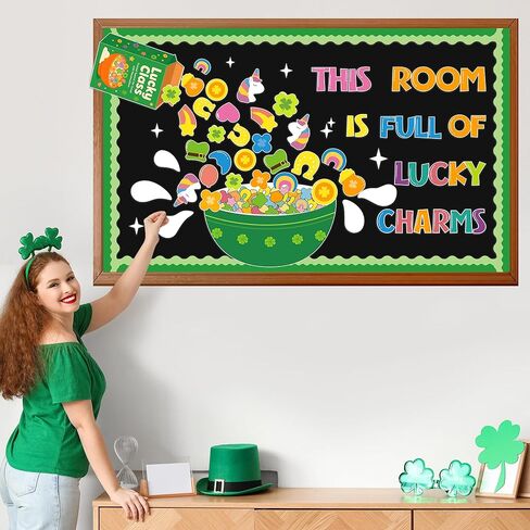 لوحة إعلانات عيد القديس باتريك، مجموعة تزيين الفصل الدراسي لاكي شامروك، قطع شامروك والبرسيم الأيرلندي، قطع وحيد القرن، ديكور حفلات القديس باتريك لعطلة مارس، مستلزمات المعلم على شكل سبورة طباشير in Kuwait