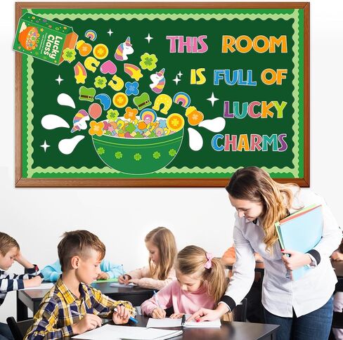 لوحة إعلانات عيد القديس باتريك، مجموعة تزيين الفصل الدراسي لاكي شامروك، قطع شامروك والبرسيم الأيرلندي، قطع وحيد القرن، ديكور حفلات القديس باتريك لعطلة مارس، مستلزمات المعلم على شكل سبورة طباشير in Kuwait