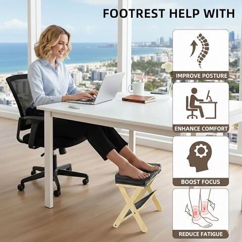 Under Desk Footrest, Foot Stool Under Desk with Detachable & Washable Top Pad, Ergonomic Foot Rest Under Desk for Office, Home & Gaming Foot Rest, Wooden Leg Rest to Relieve Fatigue in Kuwait