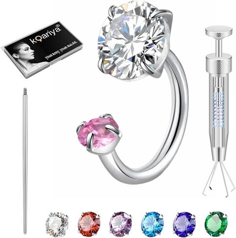 Freedom Ring System: 18G Horseshoe Nose Ring with 6 Interchangeable Gems Complete Body Jewelry Kit to Reinvent Your Style Includes Ball Claw, Guide, Mirror Case | 8mm Surgical Steel in Kuwait