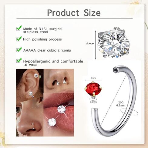 Freedom Ring System: 18G Horseshoe Nose Ring with 6 Interchangeable Gems Complete Body Jewelry Kit to Reinvent Your Style Includes Ball Claw, Guide, Mirror Case | 8mm Surgical Steel in Kuwait
