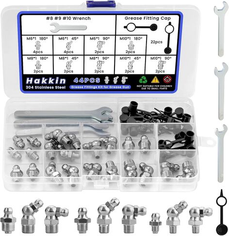 Hakkin Grease Zerk Fittings 304 Stainless Steel, 73PCS M6 M8 M10 Metric Grease Fittings Kit, Straight 45 90 Degree Grease Fittings Assortment with Caps & Wrench, for Automotive Industrial in Kuwait
