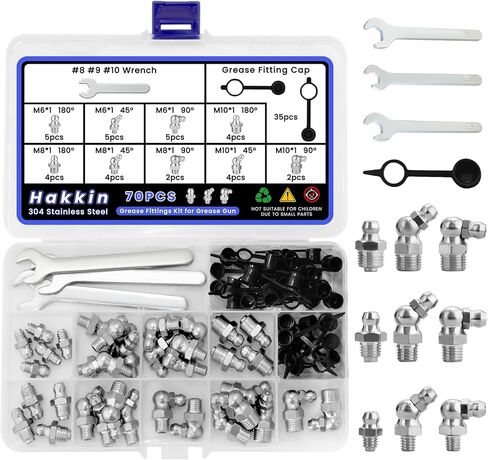Hakkin Grease Zerk Fittings 304 الفولاذ المقاوم للصدأ، 73 قطعة M6 M8 M10 طقم تركيبات الشحوم المترية، مجموعة تركيبات الشحوم المستقيمة 45 90 درجة مع قبعات ومفتاح ربط، لصناعة السيارات in Kuwait