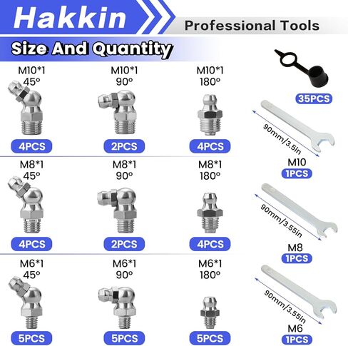 Hakkin Grease Zerk Fittings 304 الفولاذ المقاوم للصدأ، 73 قطعة M6 M8 M10 طقم تركيبات الشحوم المترية، مجموعة تركيبات الشحوم المستقيمة 45 90 درجة مع قبعات ومفتاح ربط، لصناعة السيارات in Kuwait