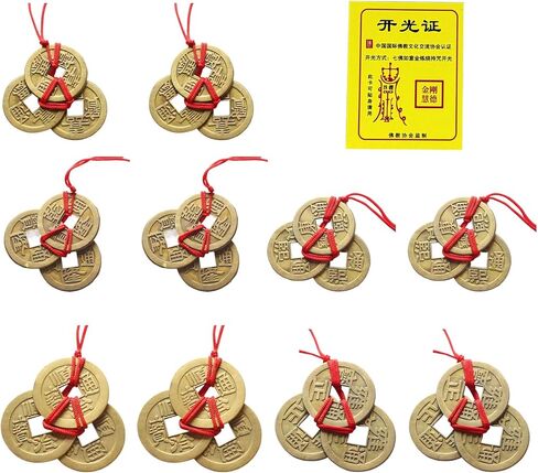 Brass Chinese Feng Shui Coins with Red String – 5 Emperor Styles for Wealth, Prosperity & Good Luck | Decor for Home, Office, Car – Perfect for Lunar New Year, Christmas (10 Sets) in Saudi Arabia