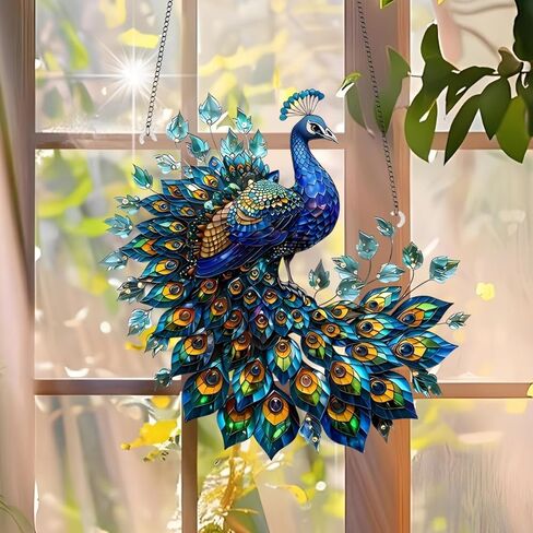1PC Peacock Colorful Acrylic Suncatcher Hanging, 7.08 inch Window Decor with Printed Stained Glass Style Design, Rainbow Maker Wall Art, Gift Idea & Garden Ornament Indoor Outdoor Use/DW-14 in Saudi Arabia