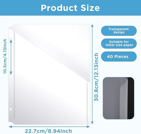 40 Pack Binder Pockets, 3 Hole Punch Clear Plastic Folders Sleeves Document Folders with Pockets Heavy Duty File Folder for Office Home School Supplies in Saudi Arabia