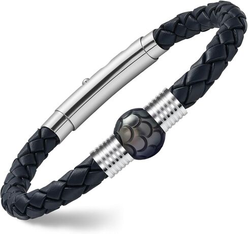 سوار رجالي من الجلد الطبيعي المضفر - سوار لؤلؤ تاهيتي من مياه البحر منحوت يدويًا مقاس 11-12 مم للرجال، هدايا عيد الميلاد السنوية لعيد الميلاد للزوج، مشبك من الفولاذ المقاوم للصدأ قابل للتعديل 7.4 بوصة - 8.2 بوصة in Kuwait