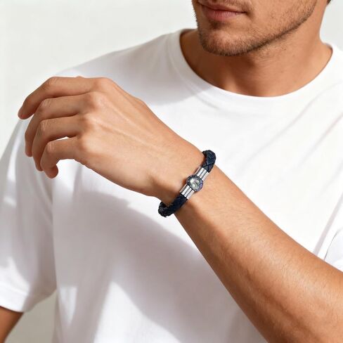 سوار رجالي من الجلد الطبيعي المضفر - سوار لؤلؤ تاهيتي من مياه البحر منحوت يدويًا مقاس 11-12 مم للرجال، هدايا عيد الميلاد السنوية لعيد الميلاد للزوج، مشبك من الفولاذ المقاوم للصدأ قابل للتعديل 7.4 بوصة - 8.2 بوصة in Kuwait