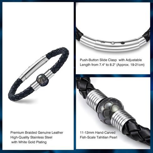 سوار رجالي من الجلد الطبيعي المضفر - سوار لؤلؤ تاهيتي من مياه البحر منحوت يدويًا مقاس 11-12 مم للرجال، هدايا عيد الميلاد السنوية لعيد الميلاد للزوج، مشبك من الفولاذ المقاوم للصدأ قابل للتعديل 7.4 بوصة - 8.2 بوصة in Kuwait