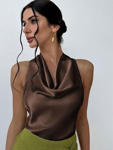 Women Cowl Neck Halter Tops Sleeveless Casual Silk Satin Going Out Tank Top Business Work Women Blouses Outfits in Saudi Arabia