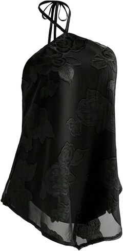 MakeMeChic Women's Open Back Halter Top Sheer Ruffle Sleeveless Jacquard Dressy Tops Trendy in Saudi Arabia