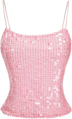 WDIRARA Women's Sparkly Sequin Cami Top Spaghetti Strap Party Club Camisole Crop Tops in Saudi Arabia
