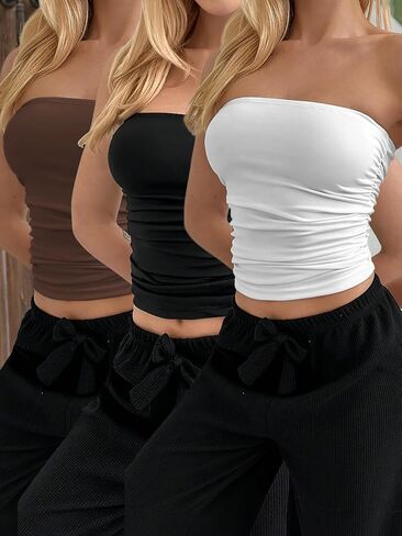 Women's 2 Pack Strapless Tube Tops Seamless Bandeau Crop Tops Stretchy Slim-Fit Sleeveless Camisoles for Summer in Saudi Arabia