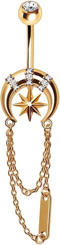 Pierced Owl 14GA Gold Plated 316L Stainless Steel Crescent Moon with Dangling Chains Belly Button Ring in Saudi Arabia