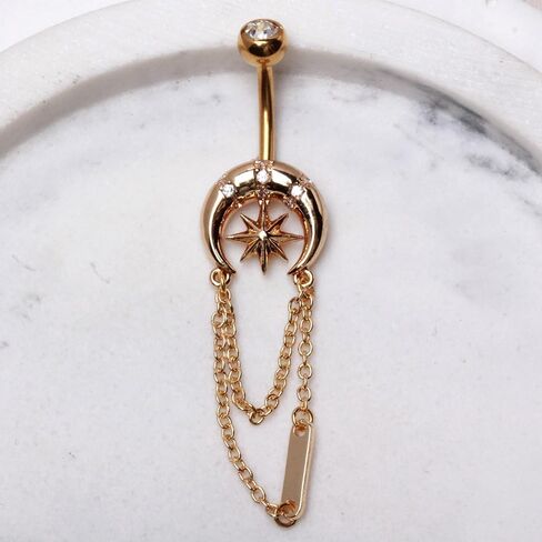 Pierced Owl 14GA Gold Plated 316L Stainless Steel Crescent Moon with Dangling Chains Belly Button Ring in Saudi Arabia