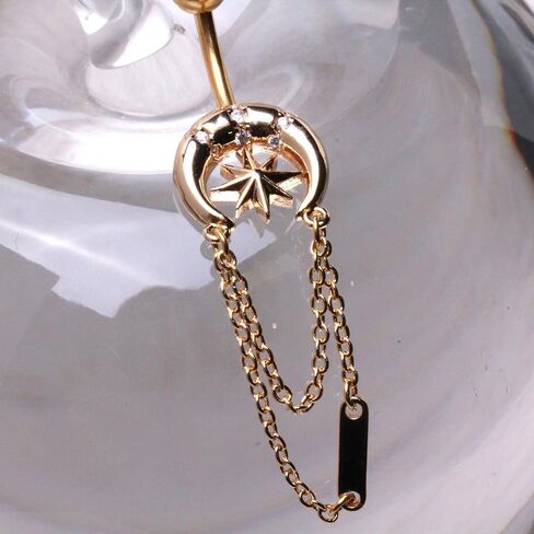 Pierced Owl 14GA Gold Plated 316L Stainless Steel Crescent Moon with Dangling Chains Belly Button Ring in Saudi Arabia