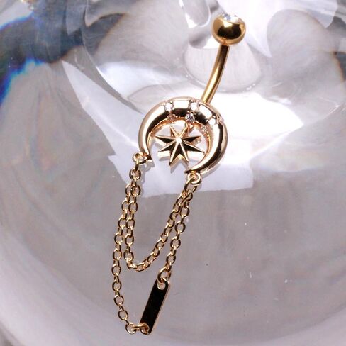 Pierced Owl 14GA Gold Plated 316L Stainless Steel Crescent Moon with Dangling Chains Belly Button Ring in Saudi Arabia