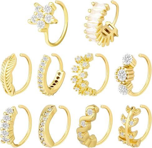 حلقات الأنف للنساء، 10 قطع من الفولاذ المقاوم للصدأ لثقب الأنف أحجار كريمة مرصوفة مع تصميم أوراق الزهور لأقراط الغضروف ومجوهرات ثقب الحاجز in Kuwait