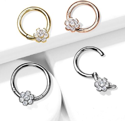 Pierced Owl - 16-18GA G23 Implant Grade Titanium CZ Crystal Flower Cartilage Helix Daith Septum Nose Hinged Segment Ring in Saudi Arabia