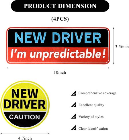 4PCS New Driver Magnet for Car, 10"x3.5" Funny Magnetic Signs with 4.7" Round Novice Driver Sticker, Reflective Safety Warning Sign Reusable Bumper Magnets for Student Drivers in Kuwait