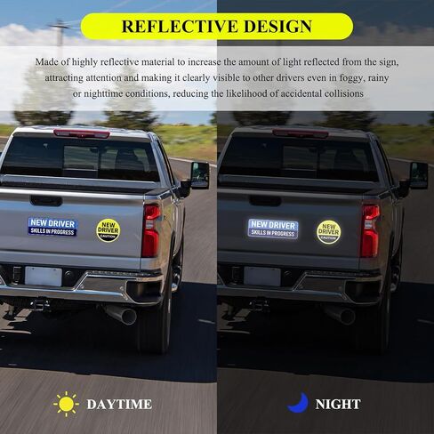 4PCS New Driver Magnet for Car, 10"x3.5" Funny Magnetic Signs with 4.7" Round Novice Driver Sticker, Reflective Safety Warning Sign Reusable Bumper Magnets for Student Drivers in Kuwait