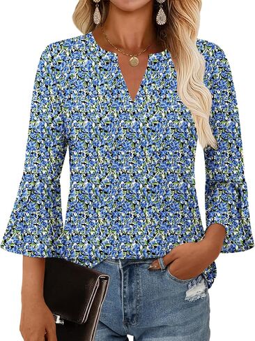 Women's Blouses Ruffle 3/4 Sleeve Dressy Top V Neck Casual Tunic Blouses Business Shirts S-XXL in Saudi Arabia