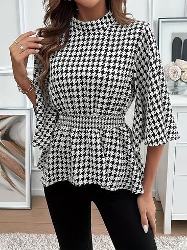 Women's Elegant Mock Neck Houndstooth Blouse Smocked Elastic Waist Irregular Sleeve Shirt Tunic Tops in Saudi Arabia