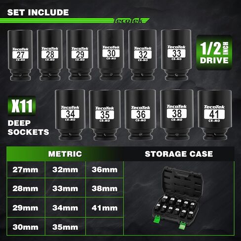 مجموعة مقابس صدمية عميقة 1/2 بوصة ذات 6 نقاط، مجموعة مقابس صدمات لمحور المغزل العميق 11 قطعة، Cr-Mo، 27 مم - 41 مم in Kuwait