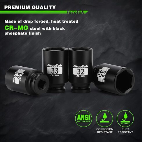 مجموعة مقابس صدمية عميقة 1/2 بوصة ذات 6 نقاط، مجموعة مقابس صدمات لمحور المغزل العميق 11 قطعة، Cr-Mo، 27 مم - 41 مم in Kuwait