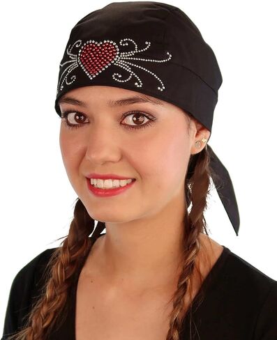 Black Skull Cap with Red Heart and Swirls Rhinestud - American Made Embellished Classic Skull Cap Doo Rag Do Rag Headwrap - Made in USA! in Kuwait