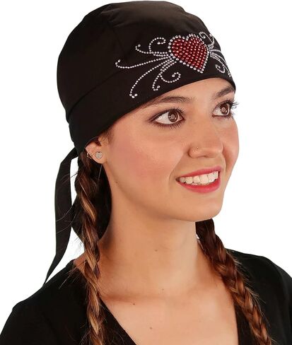 Black Skull Cap with Red Heart and Swirls Rhinestud - American Made Embellished Classic Skull Cap Doo Rag Do Rag Headwrap - Made in USA! in Kuwait