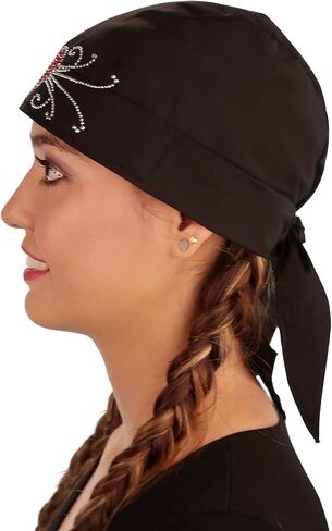Black Skull Cap with Red Heart and Swirls Rhinestud - American Made Embellished Classic Skull Cap Doo Rag Do Rag Headwrap - Made in USA! in Kuwait