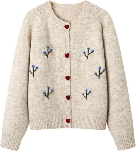 FindThy Women’s Floral Embroidery Cardigan Sweater Cute Heart Button Crewneck Long Sleeve Knitted Outerwear in Saudi Arabia