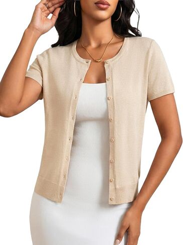 سترة صوفية قصيرة للنساء - أكمام قصيرة بأزرار سفلية وخفيفة الوزن، ملابس صيفية يمكن غسلها في الغسالة in Kuwait