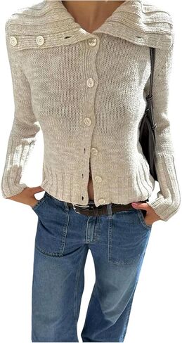 GORGLITTER Women's Button Up Cropped Cardigan Sweaters Long Sleeve Collared Ribbed Knit Tops in Saudi Arabia