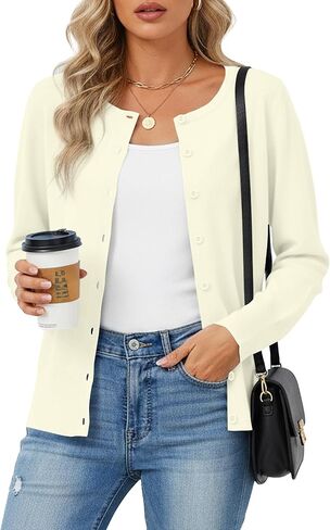 Women's Lightweight Knit Button Front Cardigan Sweater, Long Sleeve Crew Neck Soft Layer for Fall Spring in Kuwait