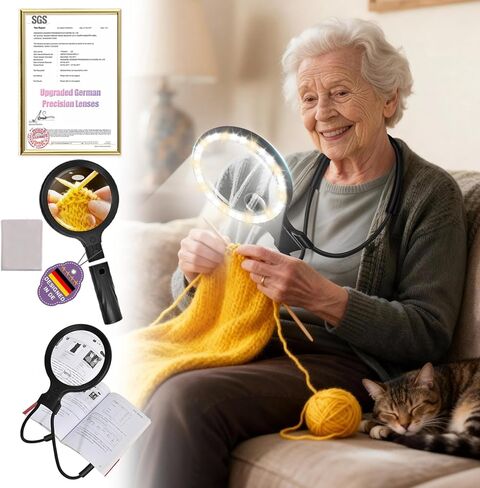عدسة مكبرة 5.0 مطورة بدون استخدام اليد 【عدسة ألمانية فائقة الدقة 12X】حماية الرقبة الإسفنجية السحابية، 3 أوضاع إضاءة ذكية، مكبرة لجميع الأغراض للقراءة، الغرز المتقاطعة، استخدام كبار السن للحرف اليدوية (أسود) in Kuwait