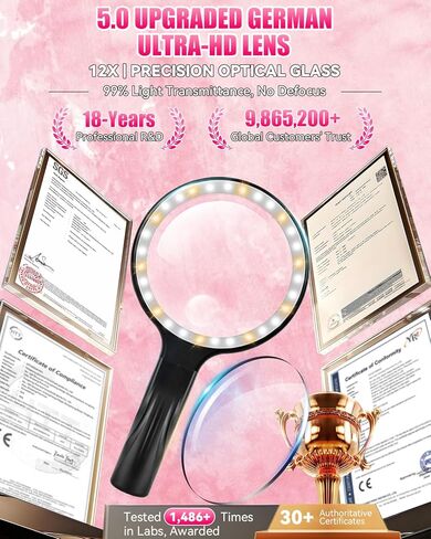 عدسة مكبرة 5.0 مطورة بدون استخدام اليد 【عدسة ألمانية فائقة الدقة 12X】حماية الرقبة الإسفنجية السحابية، 3 أوضاع إضاءة ذكية، مكبرة لجميع الأغراض للقراءة، الغرز المتقاطعة، استخدام كبار السن للحرف اليدوية (أسود) in Kuwait