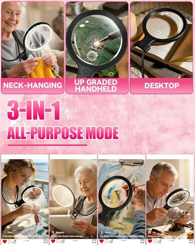 عدسة مكبرة 5.0 مطورة بدون استخدام اليد 【عدسة ألمانية فائقة الدقة 12X】حماية الرقبة الإسفنجية السحابية، 3 أوضاع إضاءة ذكية، مكبرة لجميع الأغراض للقراءة، الغرز المتقاطعة، استخدام كبار السن للحرف اليدوية (أسود) in Kuwait